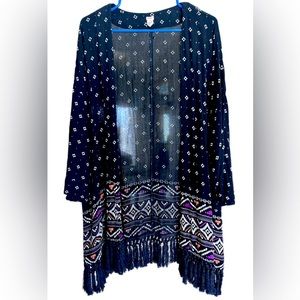 Roxy Black Patterned Kimono with Black Fringe Size XS/S